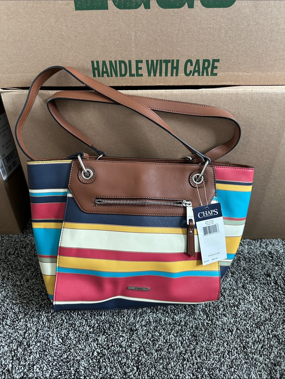 Chaps Striped Multicolor Tote with Brown Trim